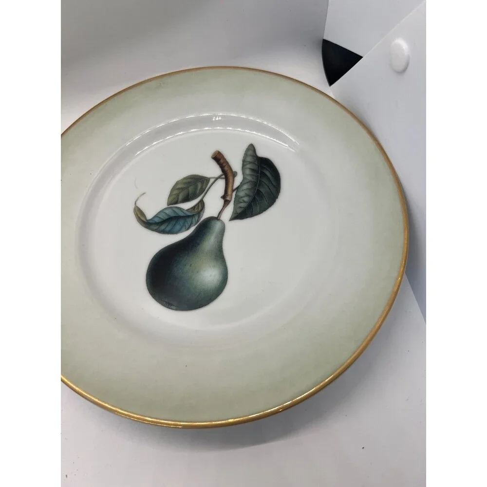 WILLIAMS SONOMA plates Pear Salad Accent Green Gold Rim 8 1/4